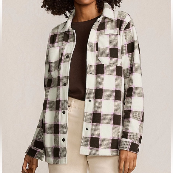 Lands' End Tops - Lands’ End Anyweather Lilac & Coffee Check Fleece Shirt Jacket Size Large Tall